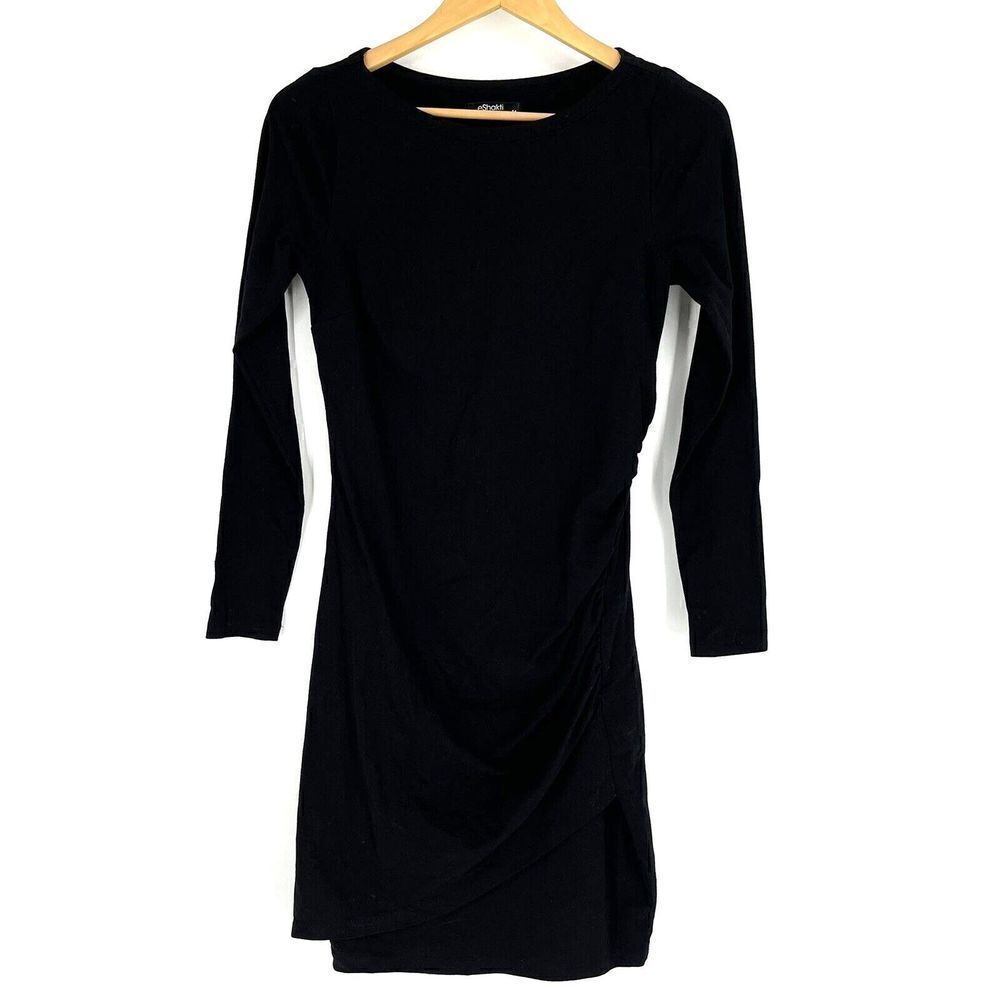 eShakti Dress Size Small Womens Black Ruched Round Neck Sheath Cotton Stretch